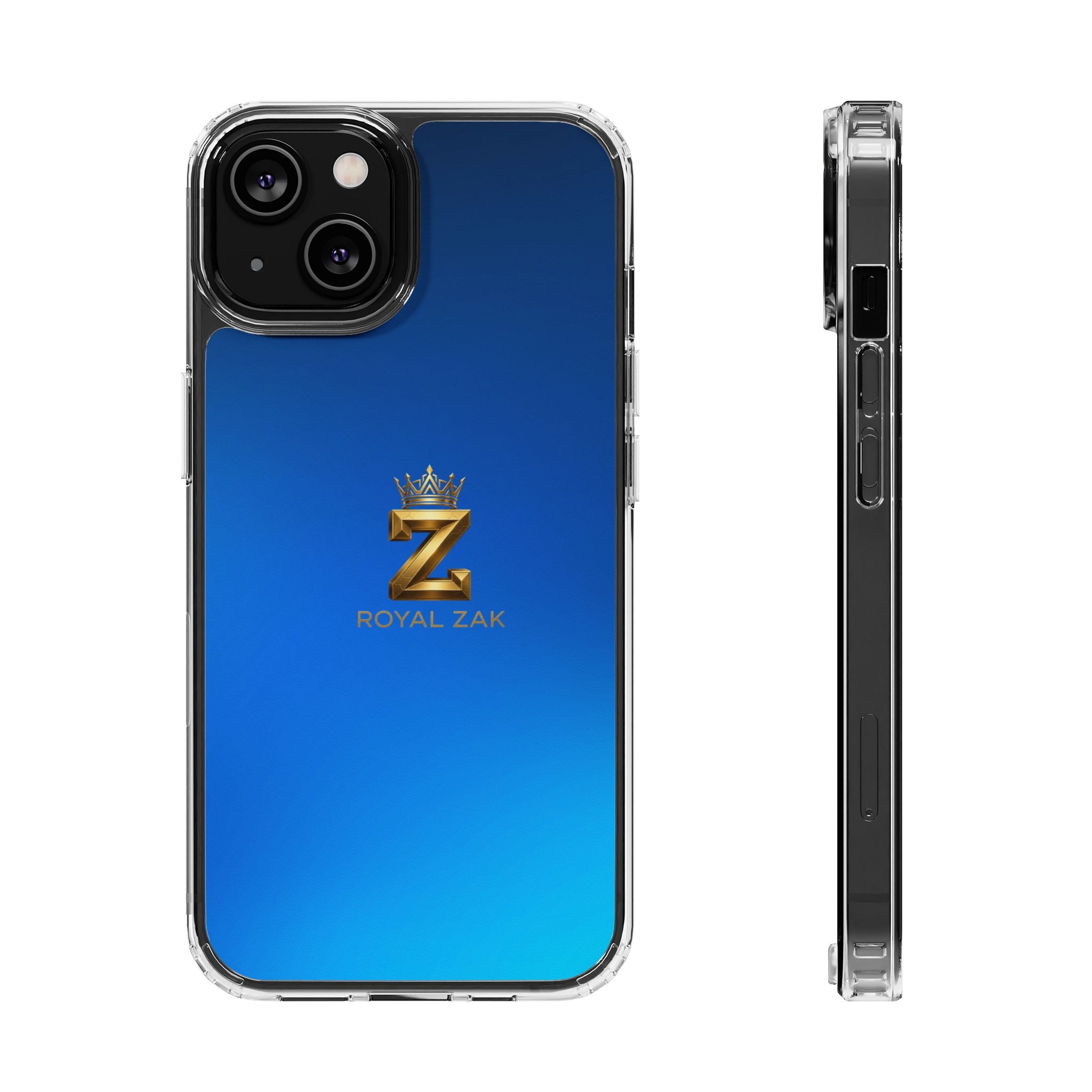 Clear Impact-Resistant Phone Case — Blue Gradient with Gold “Royal Zak” Crown Logo