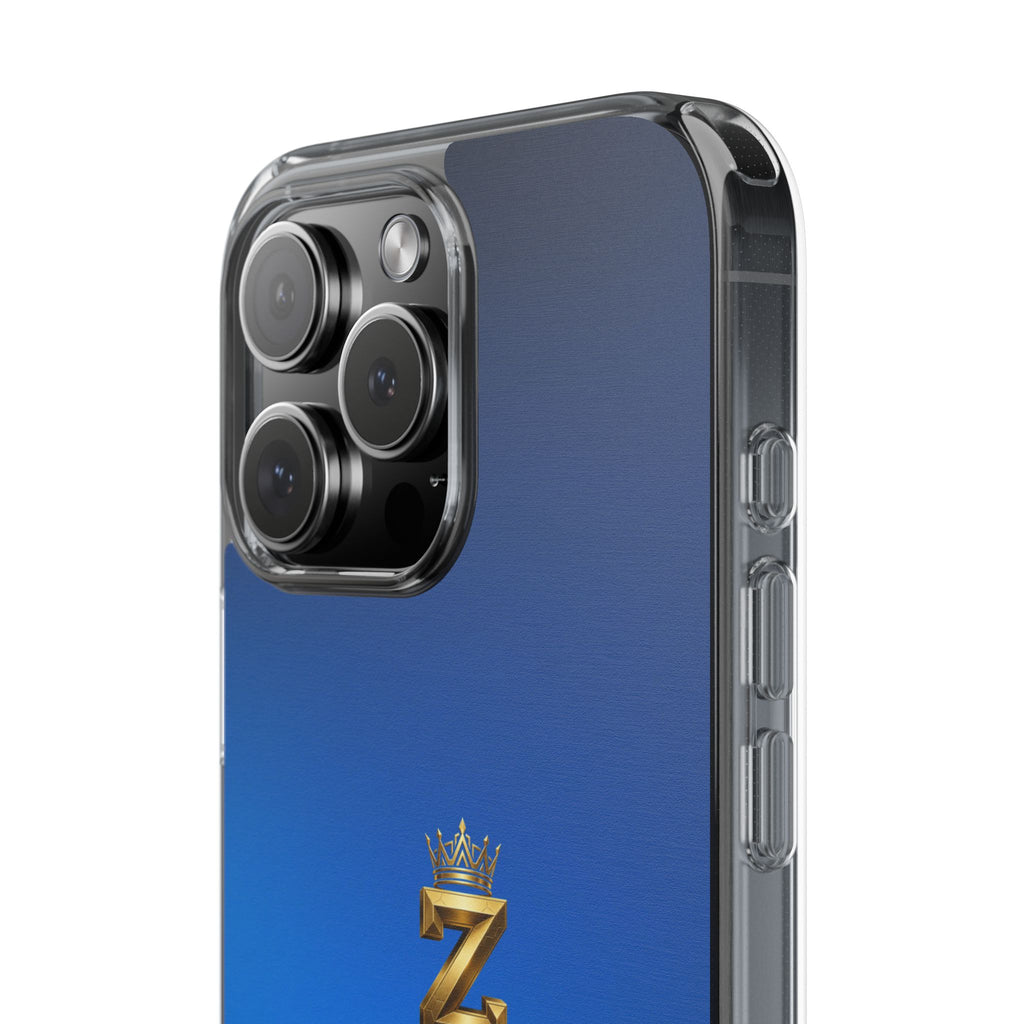 Clear Impact-Resistant Phone Case — Blue Gradient with Gold “Royal Zak” Crown Logo