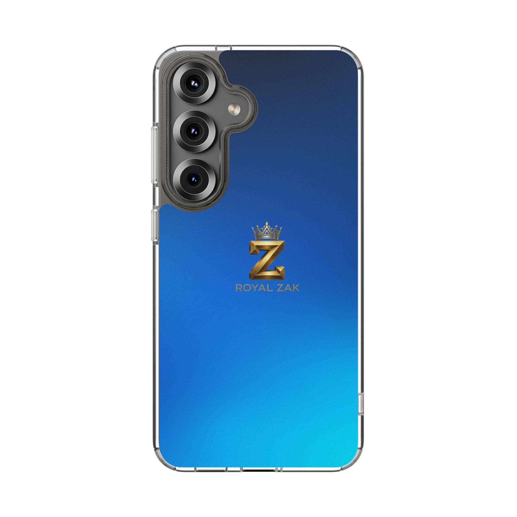 Clear Impact-Resistant Phone Case — Blue Gradient with Gold “Royal Zak” Crown Logo