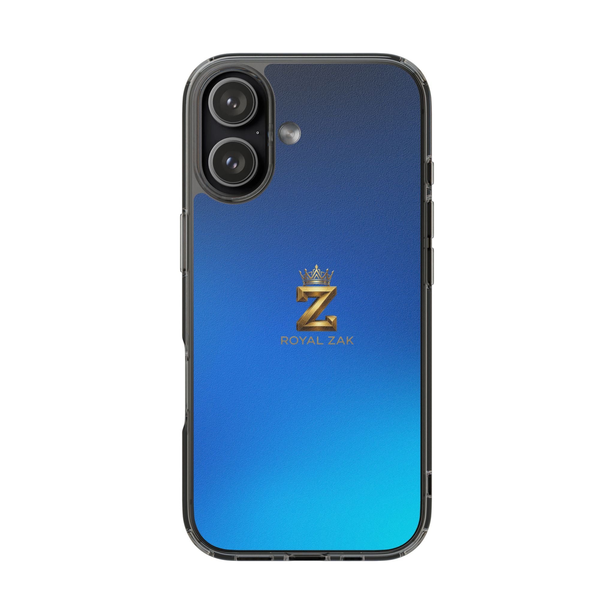 Clear Impact-Resistant Phone Case — Blue Gradient with Gold “Royal Zak” Crown Logo