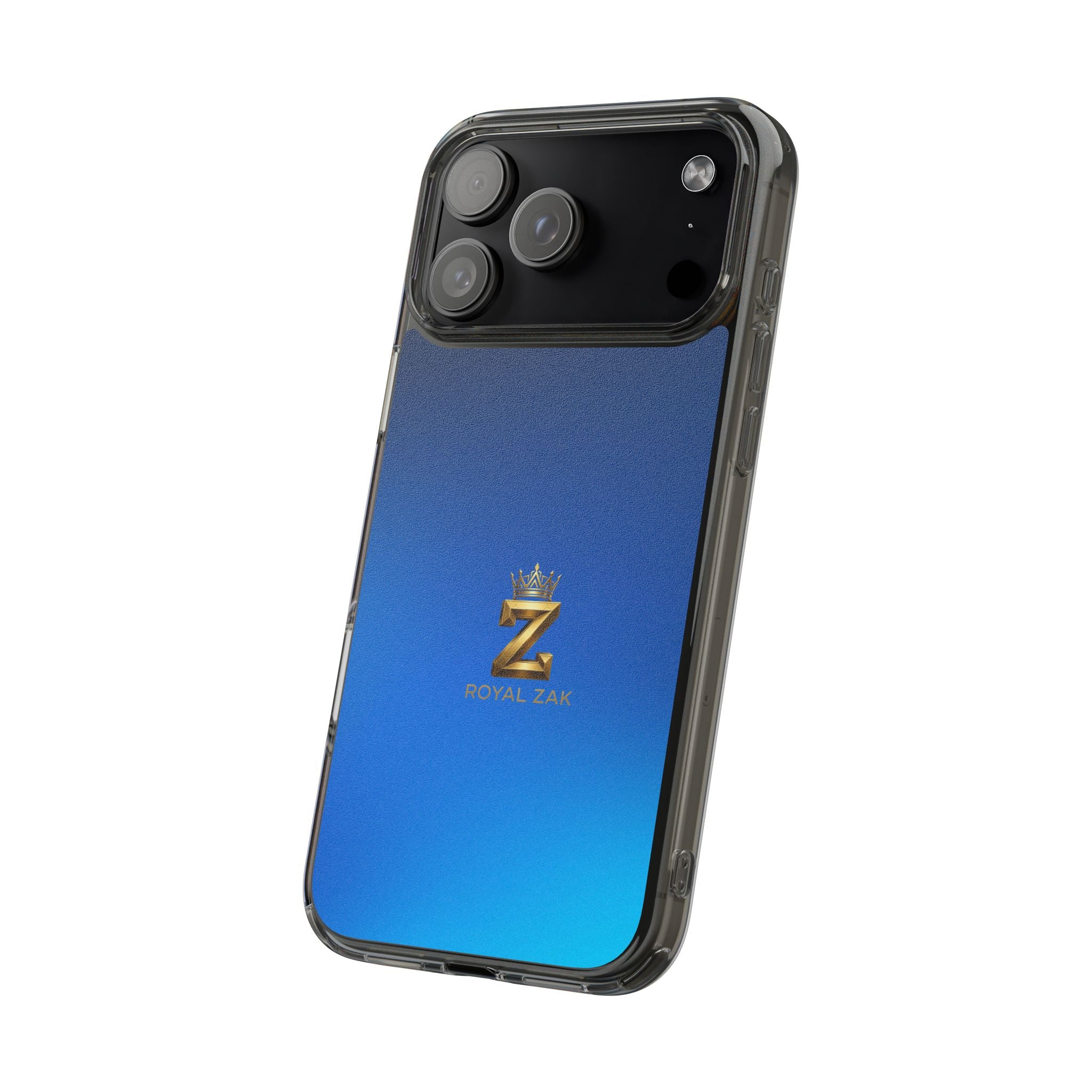 Clear Impact-Resistant Phone Case — Blue Gradient with Gold “Royal Zak” Crown Logo