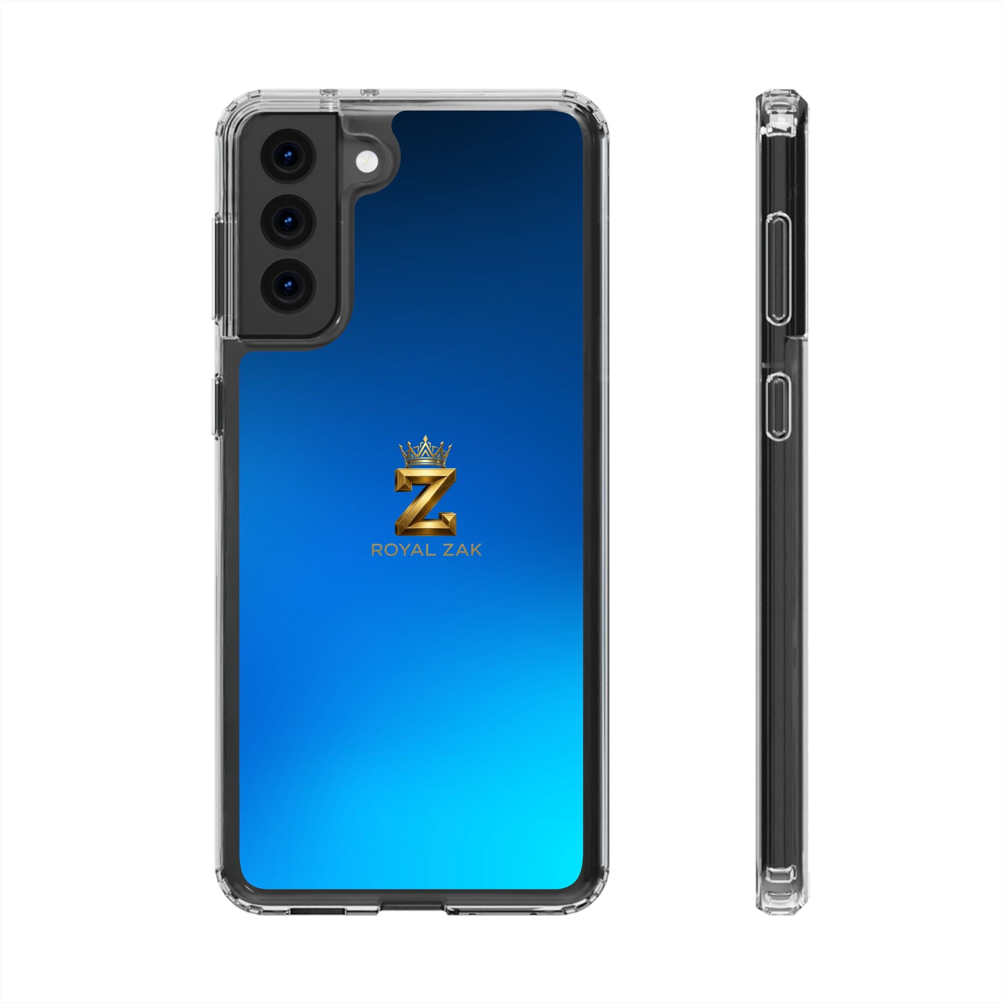 Clear Impact-Resistant Phone Case — Blue Gradient with Gold “Royal Zak” Crown Logo