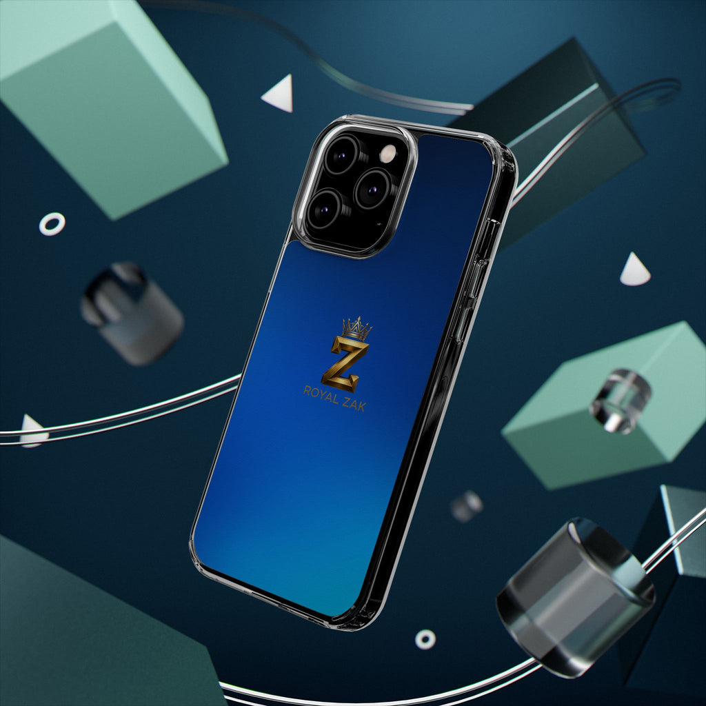 Clear Impact-Resistant Phone Case — Blue Gradient with Gold “Royal Zak” Crown Logo