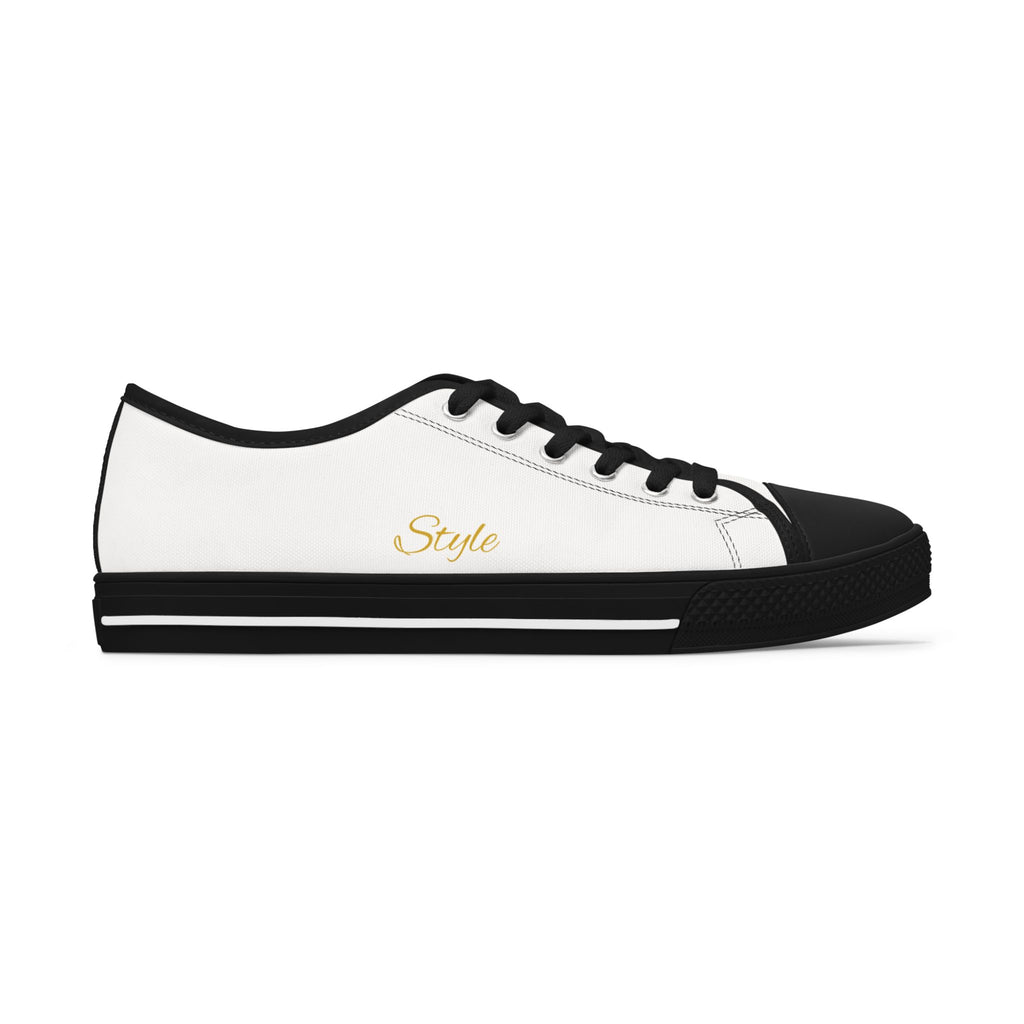 Women's Low Top Sneakers — White Canvas Casual Shoes with Gold "Royalty" & "Style" Script