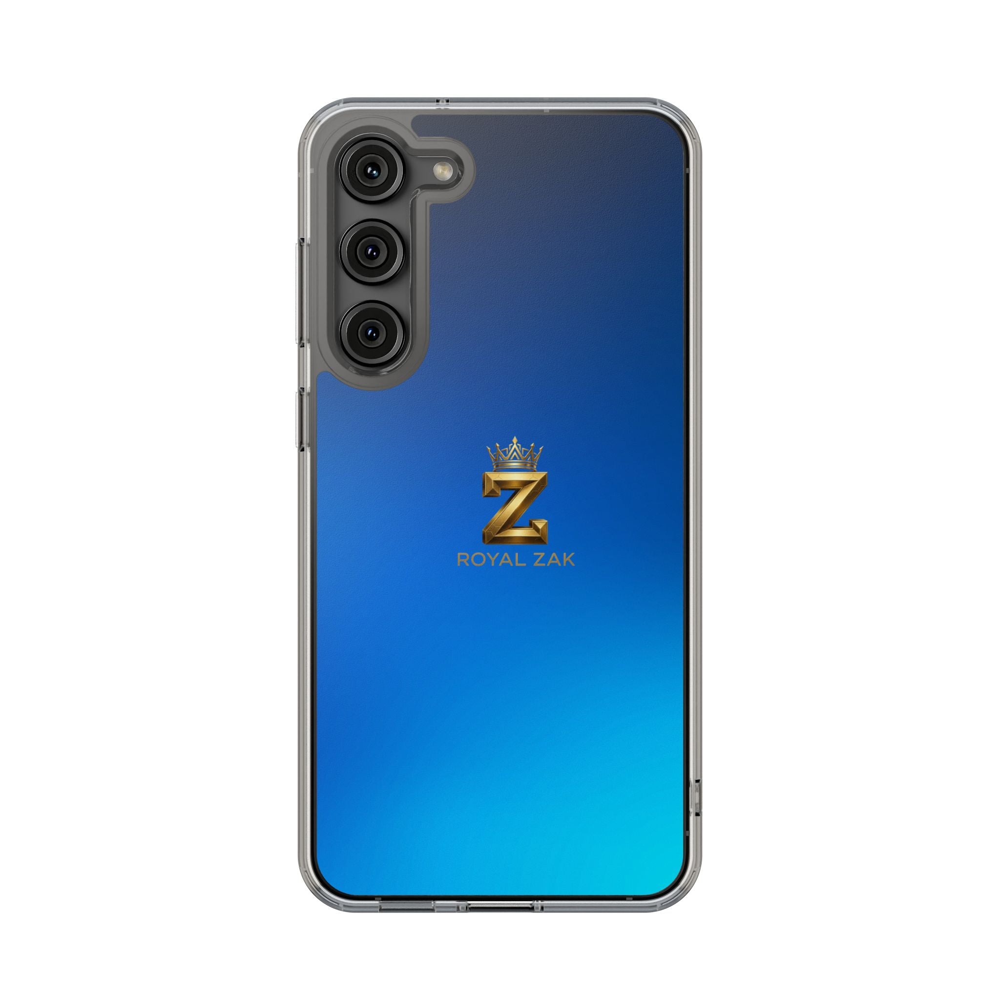 Clear Impact-Resistant Phone Case — Blue Gradient with Gold “Royal Zak” Crown Logo