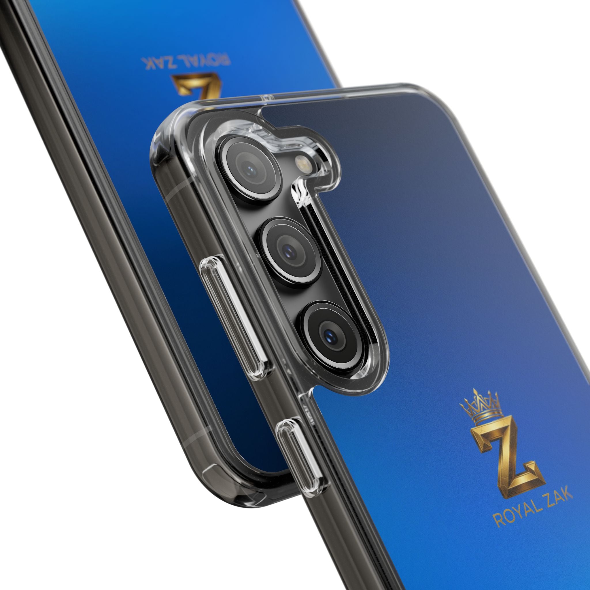 Clear Impact-Resistant Phone Case — Blue Gradient with Gold “Royal Zak” Crown Logo