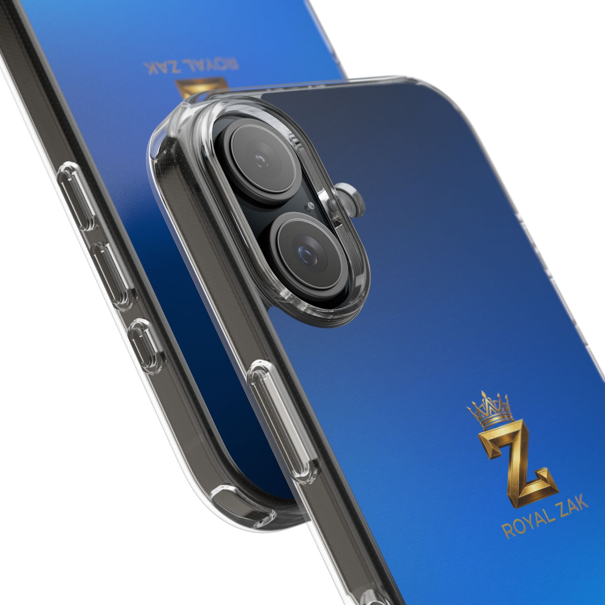 Clear Impact-Resistant Phone Case — Blue Gradient with Gold “Royal Zak” Crown Logo