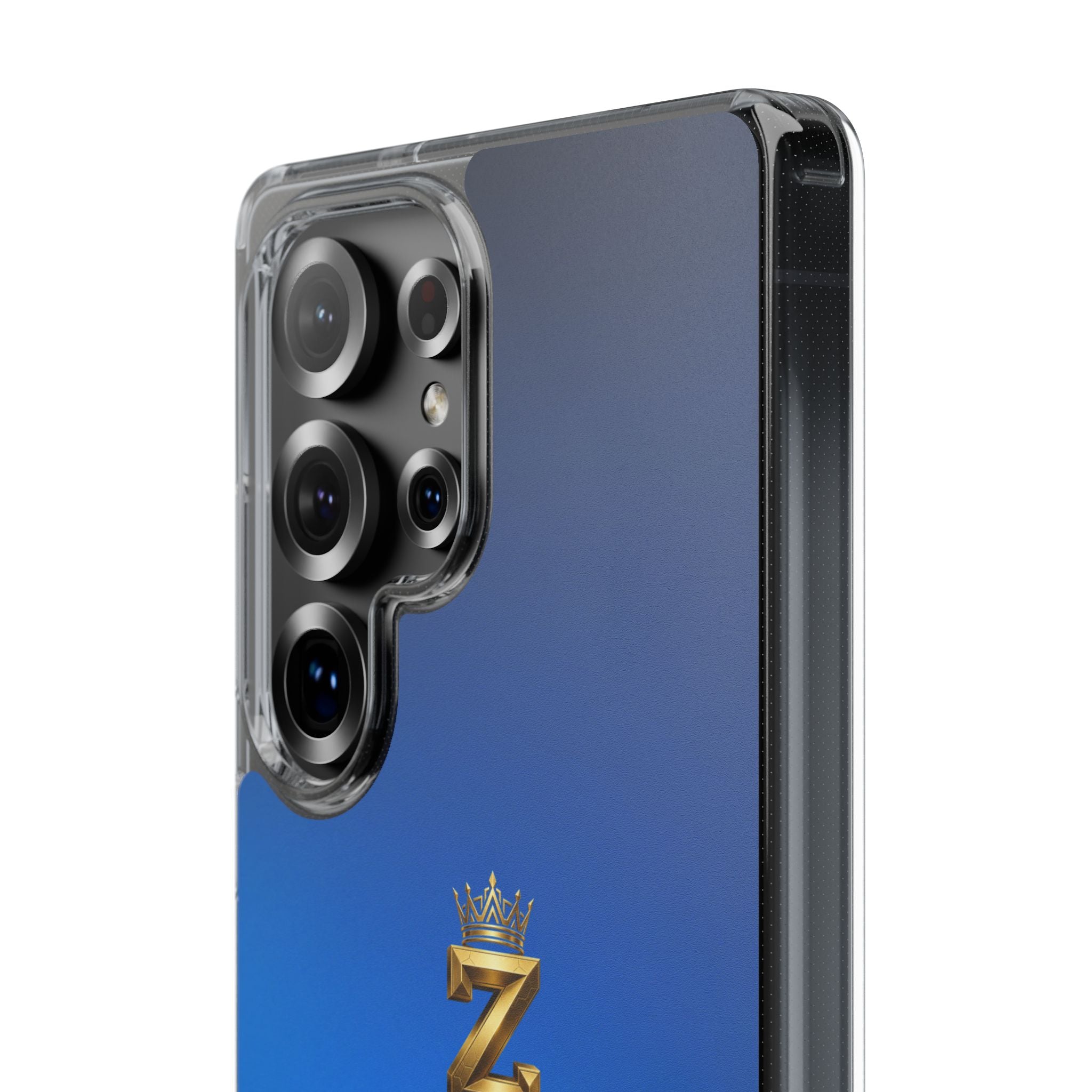 Clear Impact-Resistant Phone Case — Blue Gradient with Gold “Royal Zak” Crown Logo