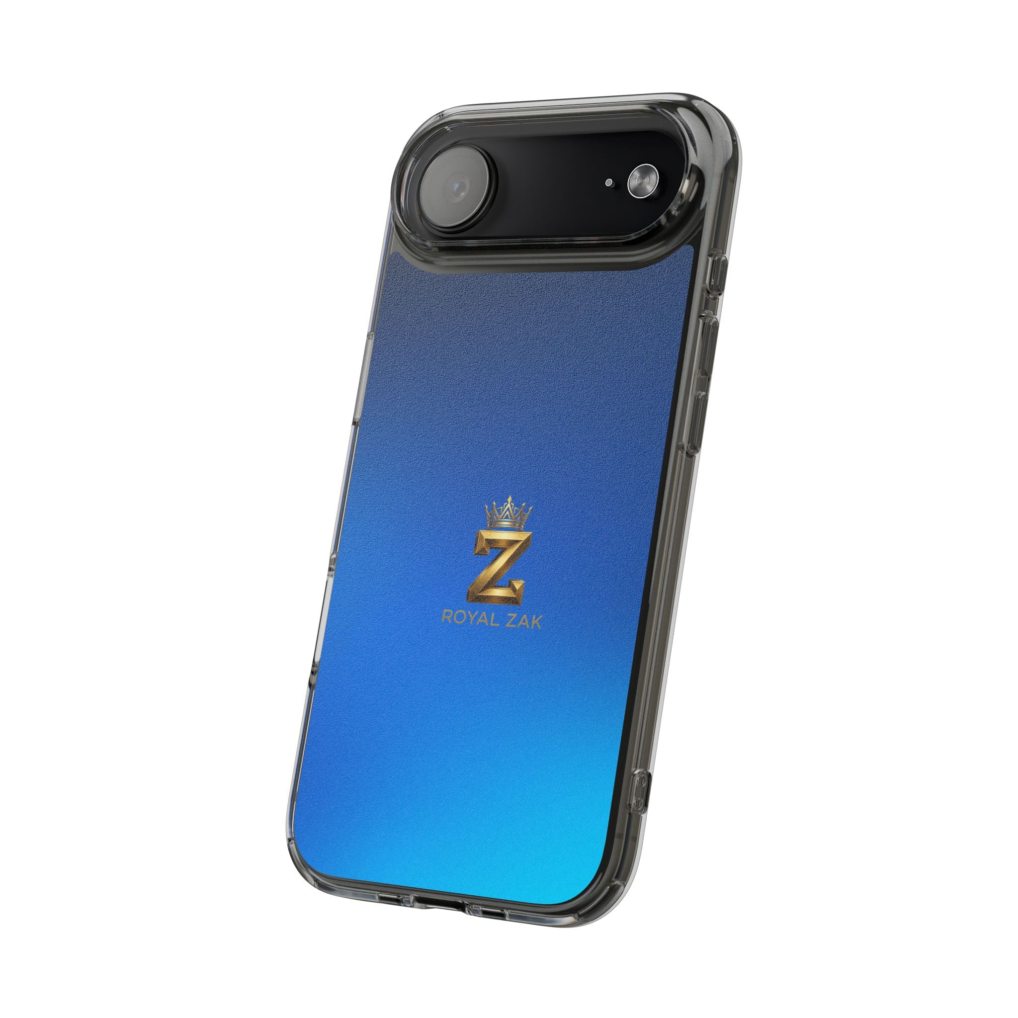 Clear Impact-Resistant Phone Case — Blue Gradient with Gold “Royal Zak” Crown Logo