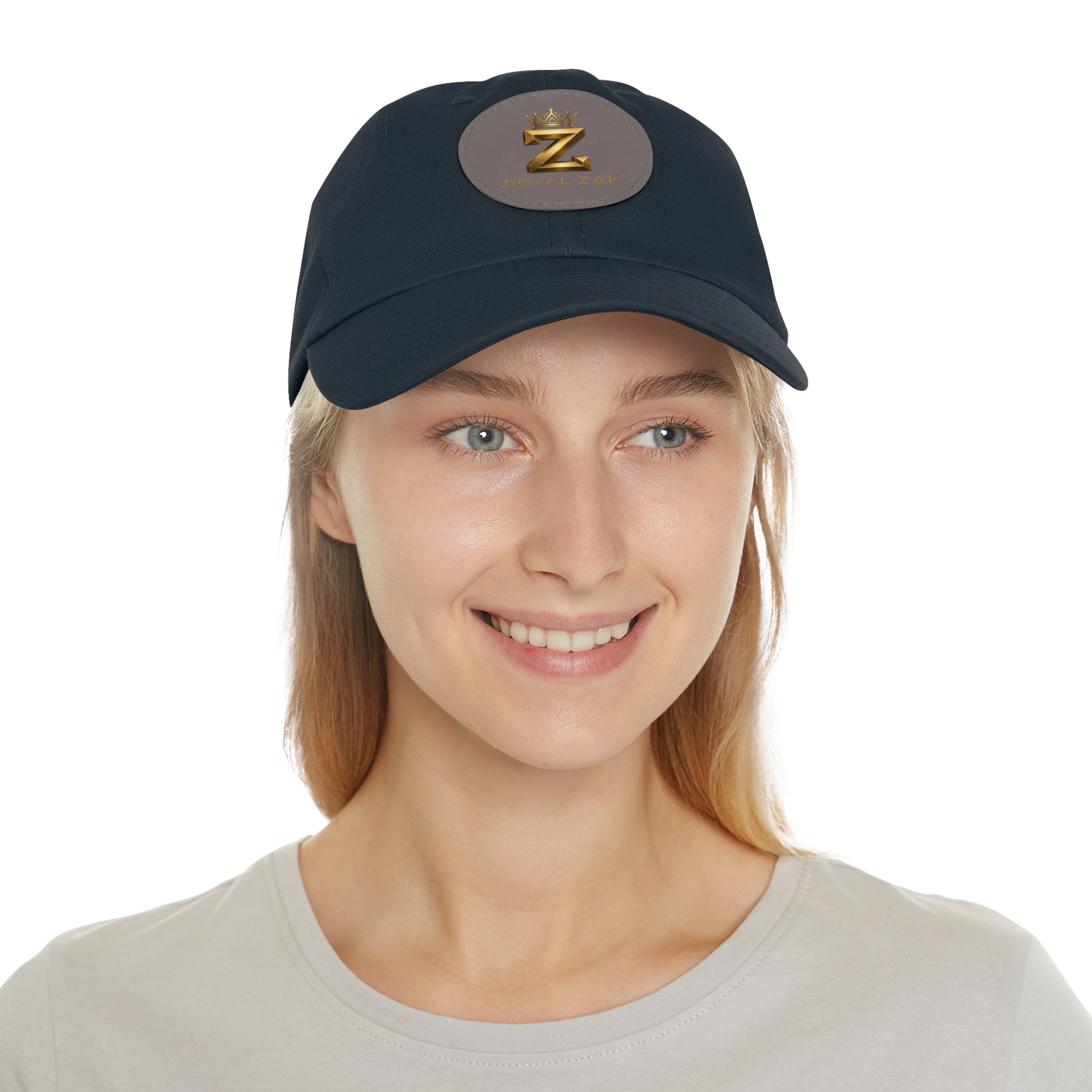 Round Leather Patch Dad Hat — Gold 'Royal Zak' Crown Emblem