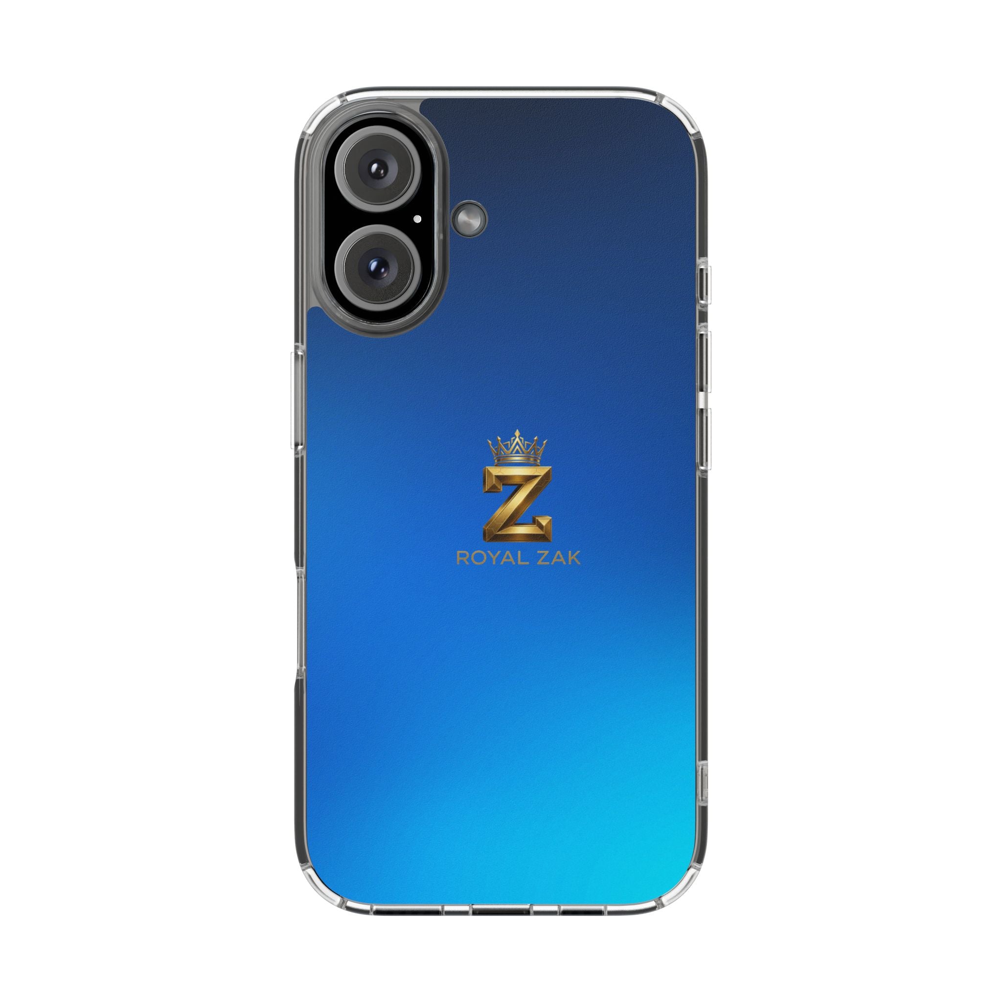 Clear Impact-Resistant Phone Case — Blue Gradient with Gold “Royal Zak” Crown Logo
