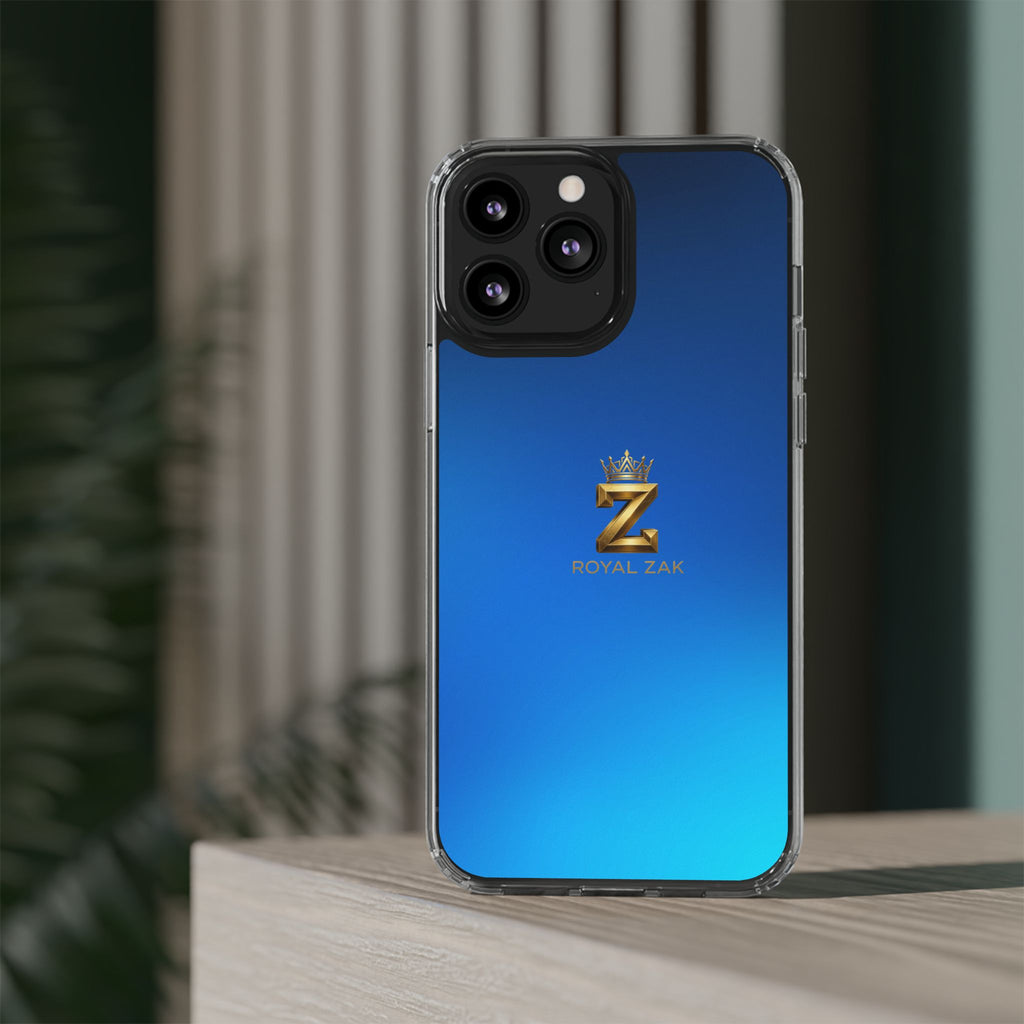 Clear Impact-Resistant Phone Case — Blue Gradient with Gold “Royal Zak” Crown Logo