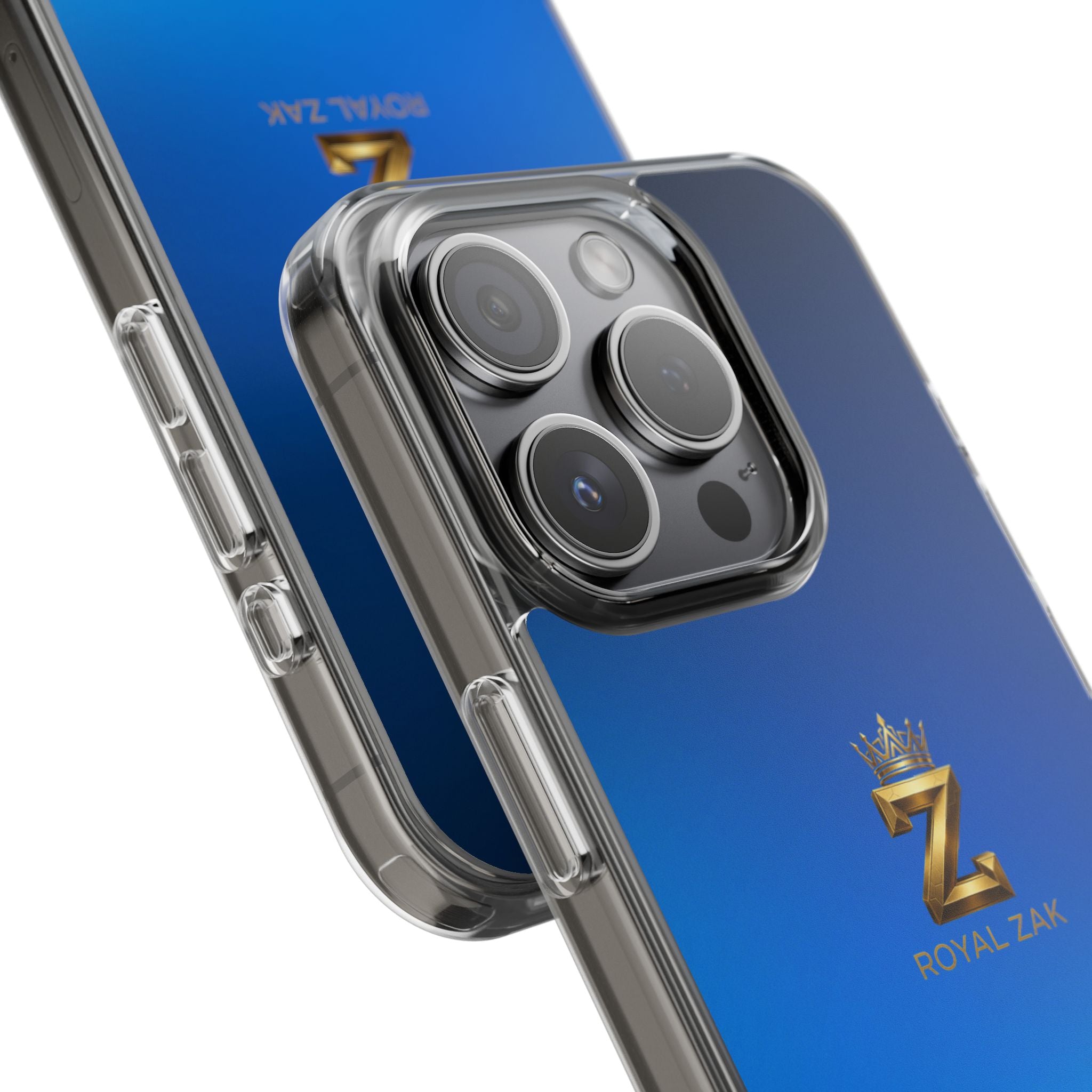 Clear Impact-Resistant Phone Case — Blue Gradient with Gold “Royal Zak” Crown Logo