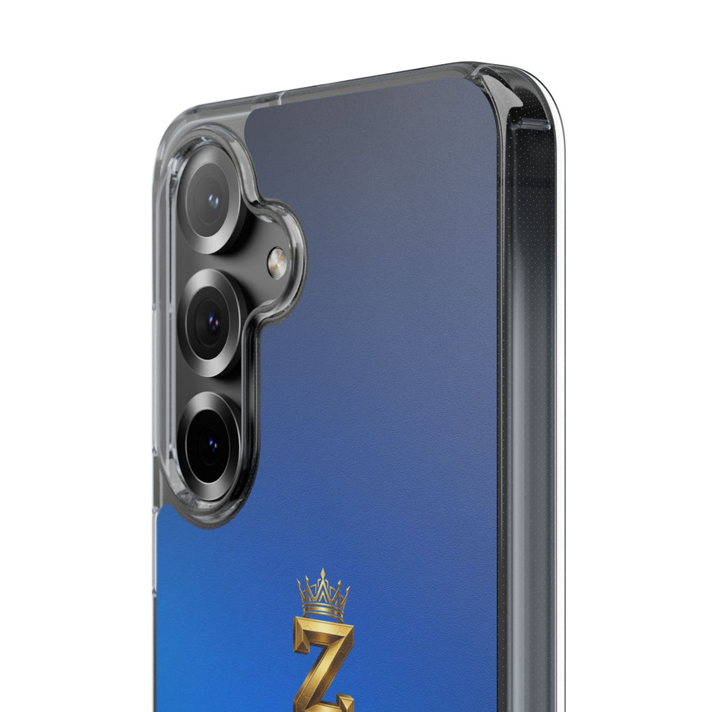 Clear Impact-Resistant Phone Case — Blue Gradient with Gold “Royal Zak” Crown Logo