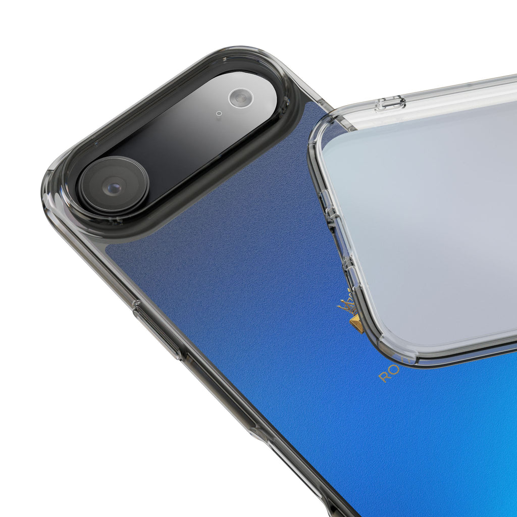Clear Impact-Resistant Phone Case — Blue Gradient with Gold “Royal Zak” Crown Logo
