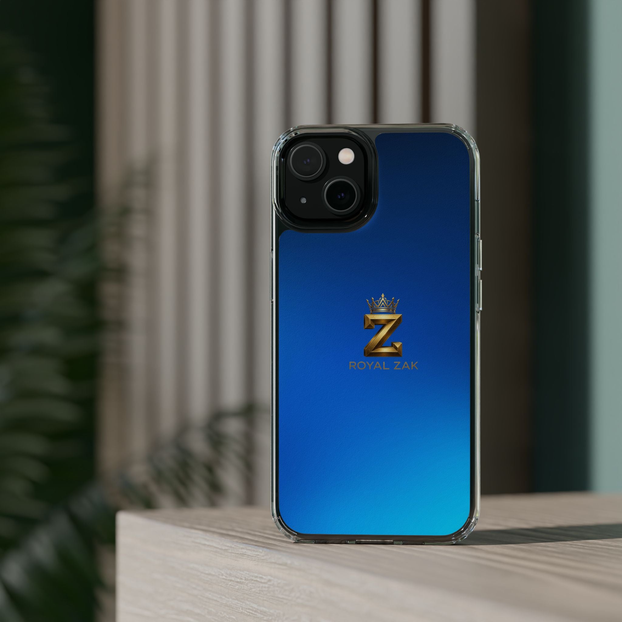 Clear Impact-Resistant Phone Case — Blue Gradient with Gold “Royal Zak” Crown Logo