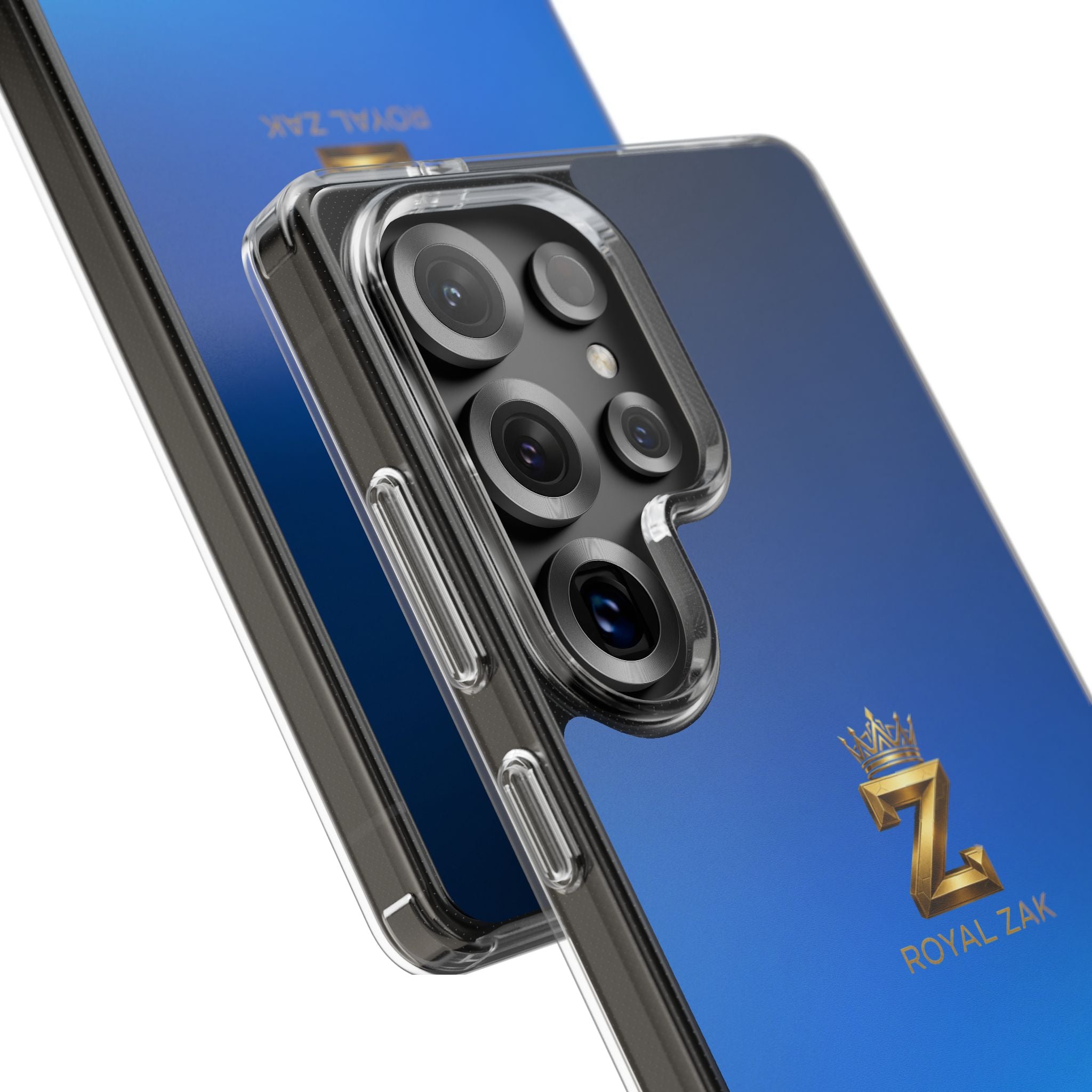 Clear Impact-Resistant Phone Case — Blue Gradient with Gold “Royal Zak” Crown Logo