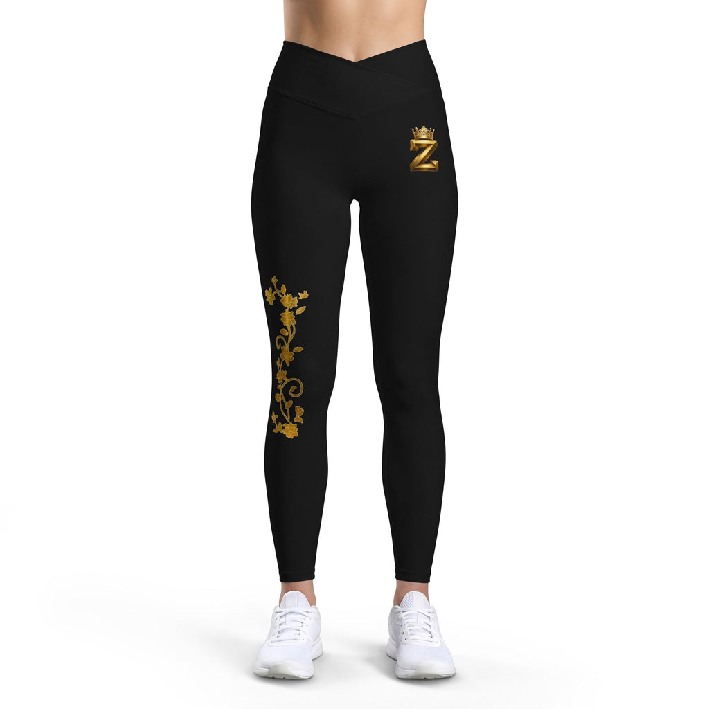 Leggings — Black Luxe High-Waist Leggings with Gold Embroidered Bee
