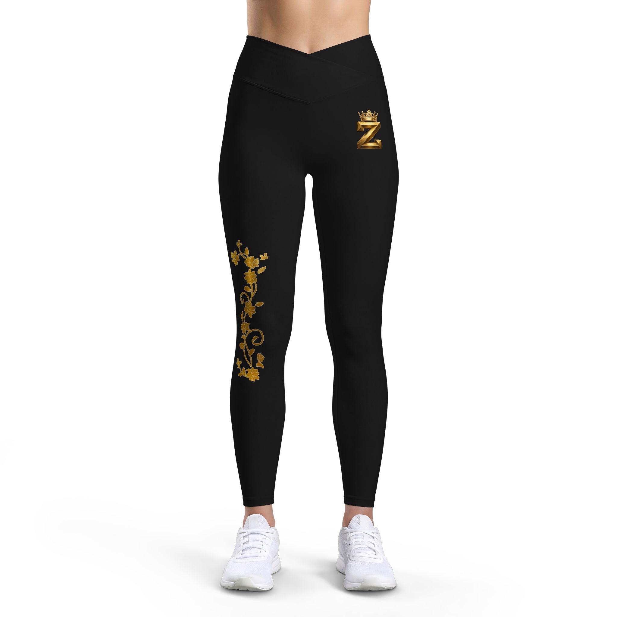 Leggings — Black Luxe High-Waist Leggings with Gold Embroidered Bee