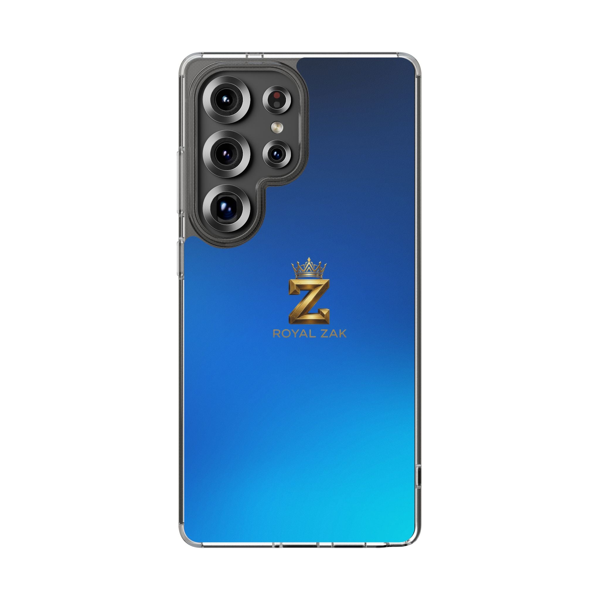 Clear Impact-Resistant Phone Case — Blue Gradient with Gold “Royal Zak” Crown Logo