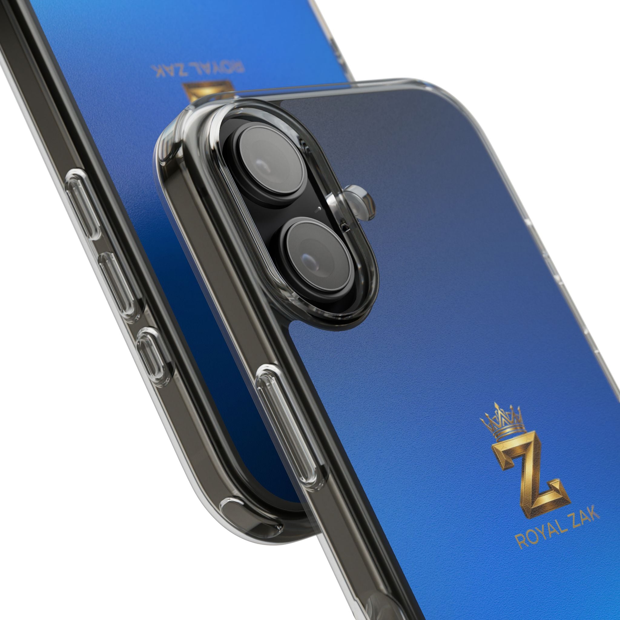 Clear Impact-Resistant Phone Case — Blue Gradient with Gold “Royal Zak” Crown Logo