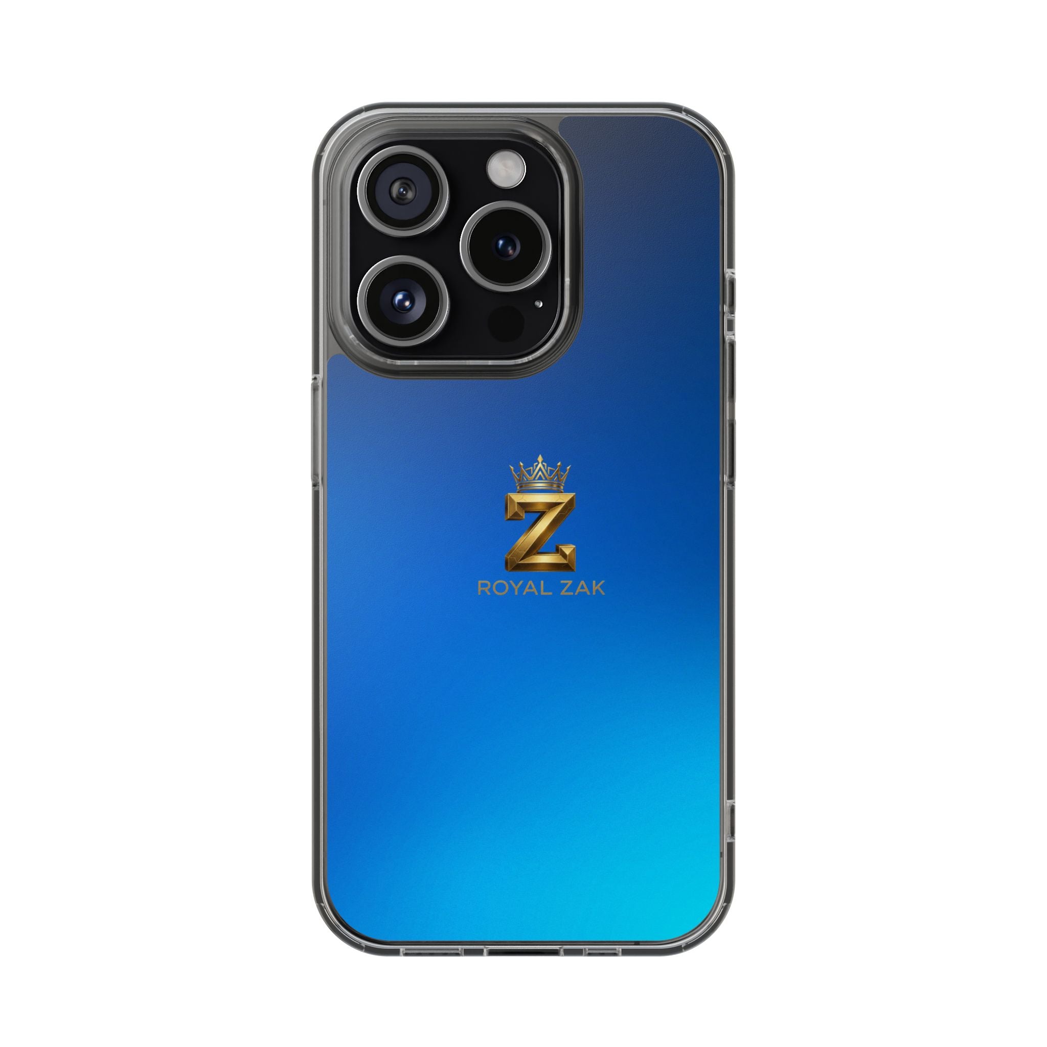 Clear Impact-Resistant Phone Case — Blue Gradient with Gold “Royal Zak” Crown Logo
